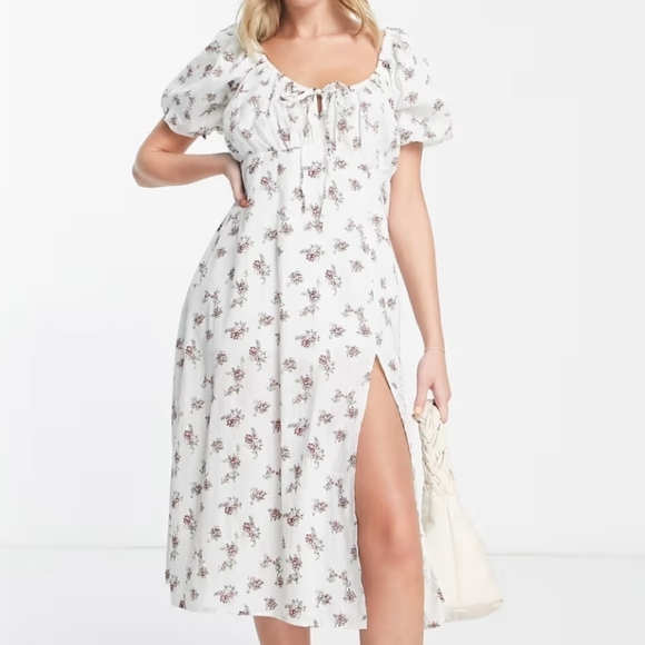 ASOS Dresses & Skirts - Asos Wednesday's Girl Midi Milkmaid Tea White Floral Dress Size XXS